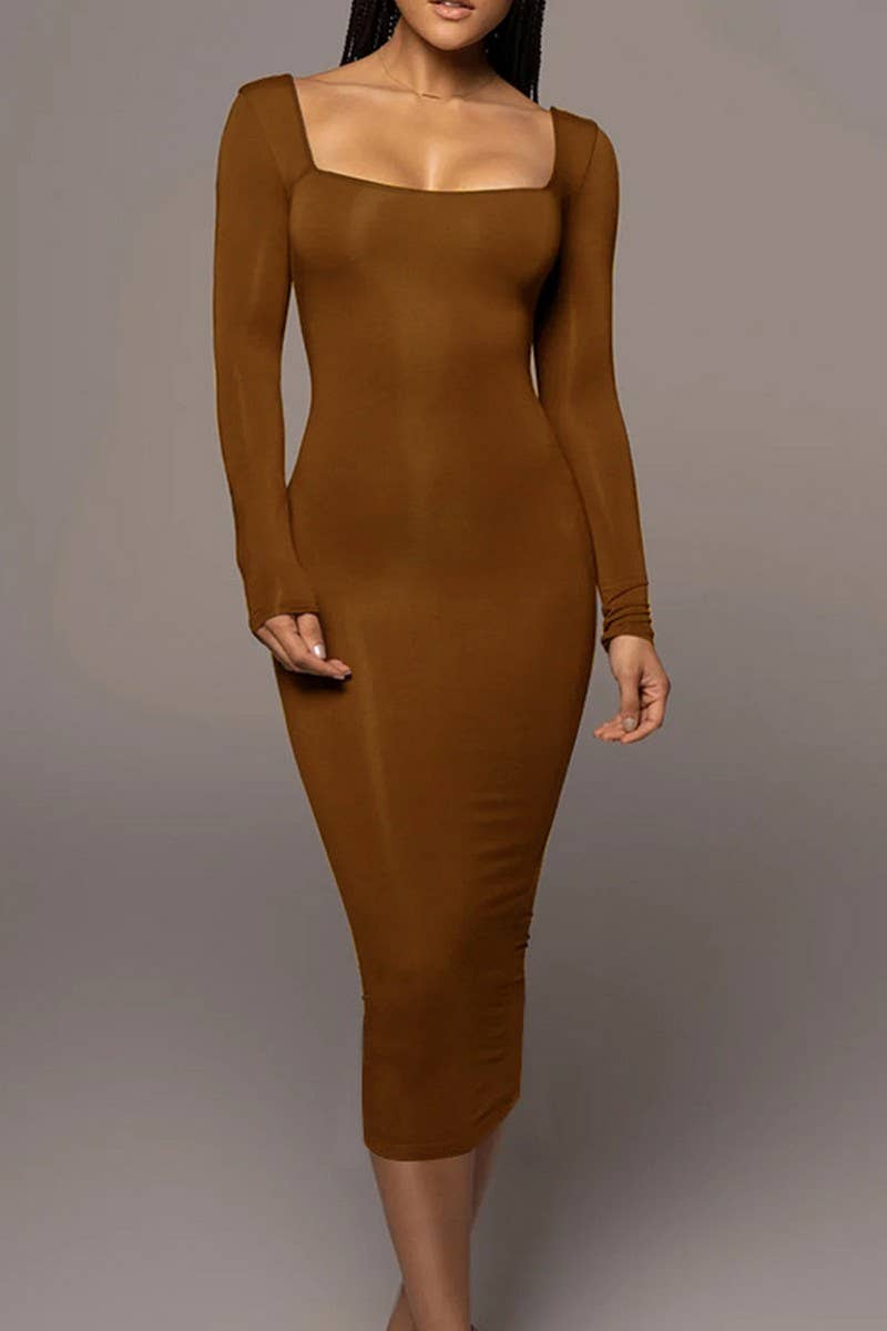 CWDMD4902_SOLID COLOR SLIM SQUARE NECK LONG SLEEVE DRESS
