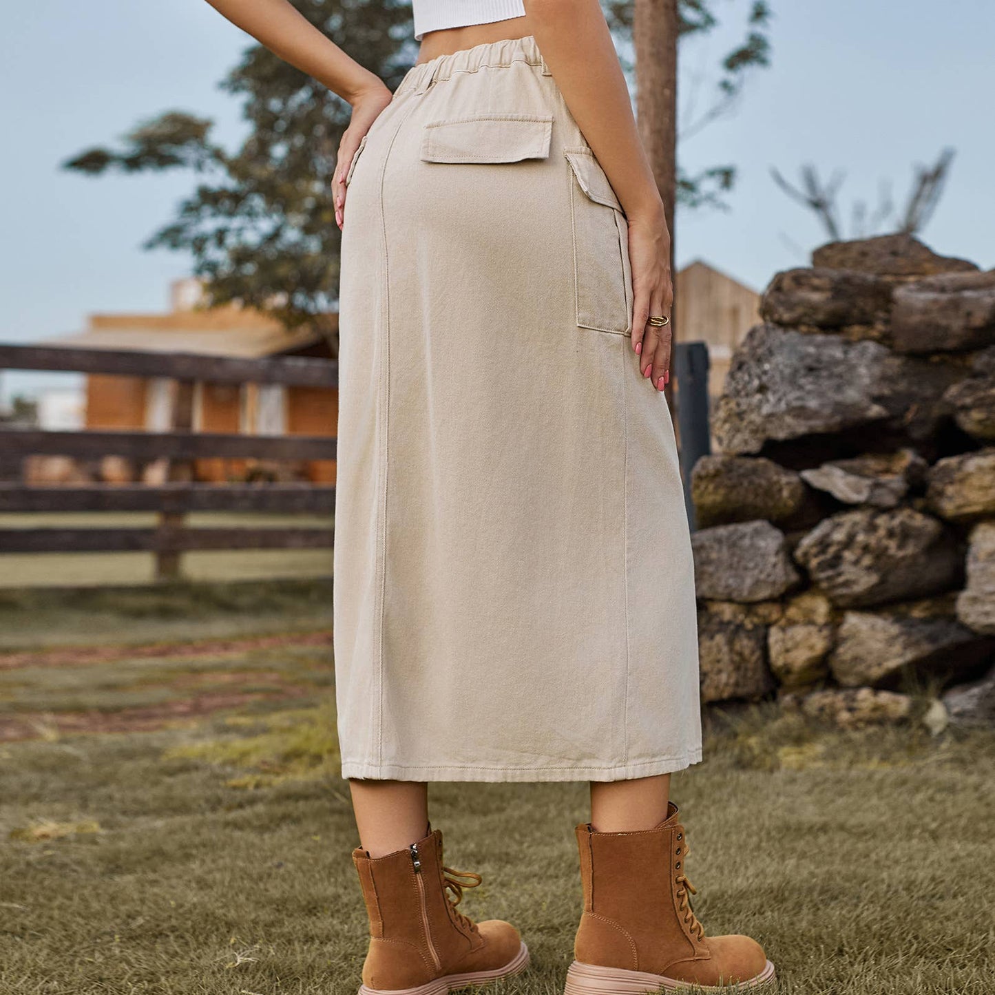 LACE-UP CARGO DENIM SLIT SKIRT