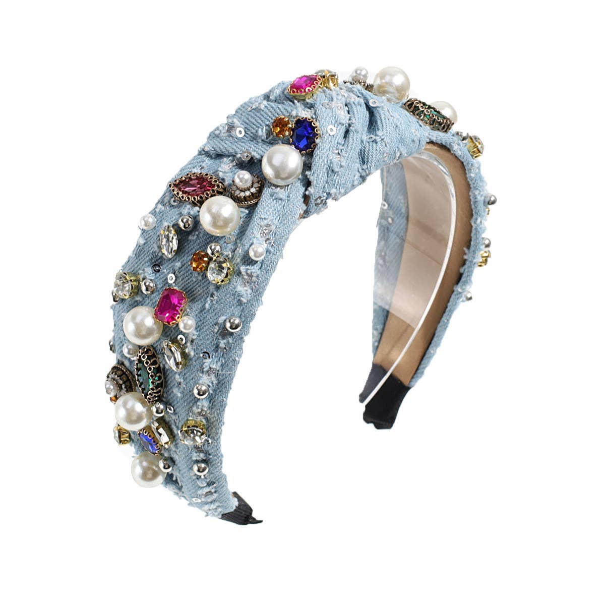 KNOTTED DENIM HEADBAND WITH COLORFUL RHINESTONES