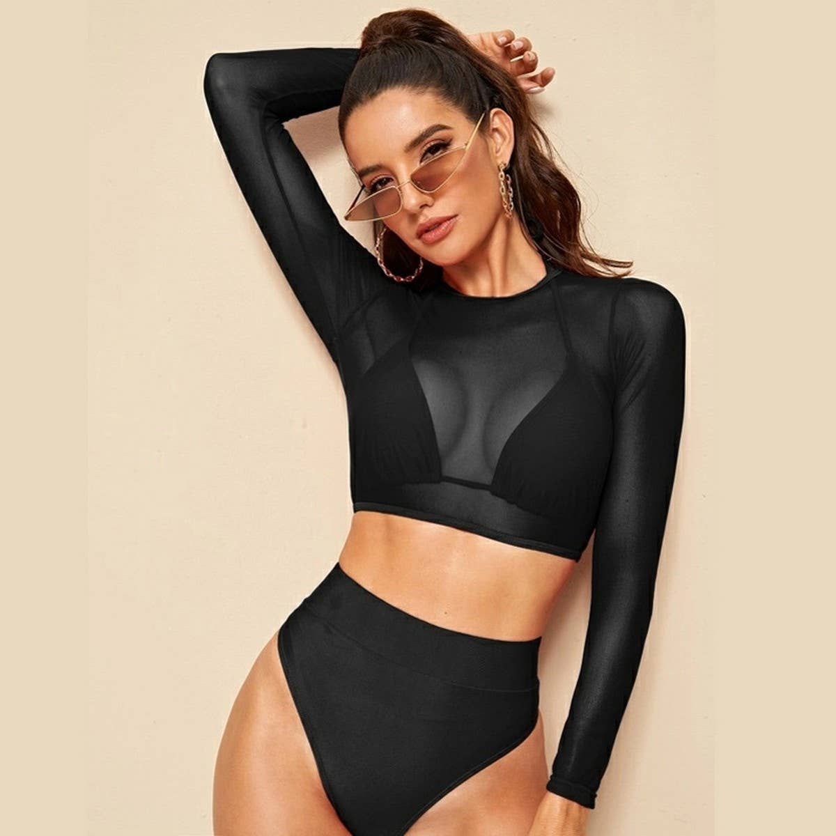 Long Sleeve Cover-Up Bikini Set - High Waist Swimsu