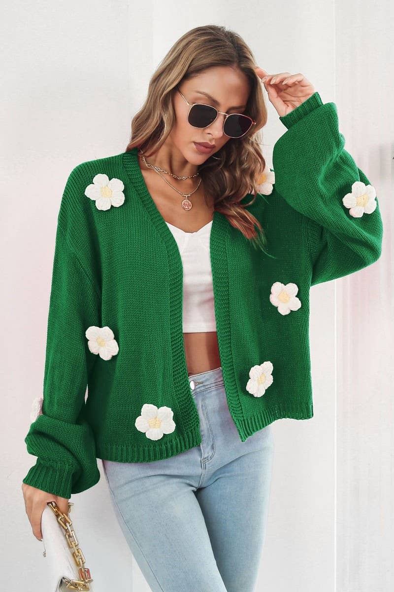 CWOCAL1182_EMBROIDERED FLOWER LANTERN SLEEVE KNIT CARDIGAN