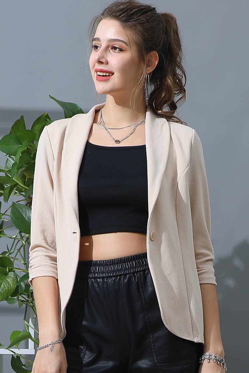CWOBL106-P_3/4 SLEEVE WITH SHIRRING DETAILED OPEN BLAZER