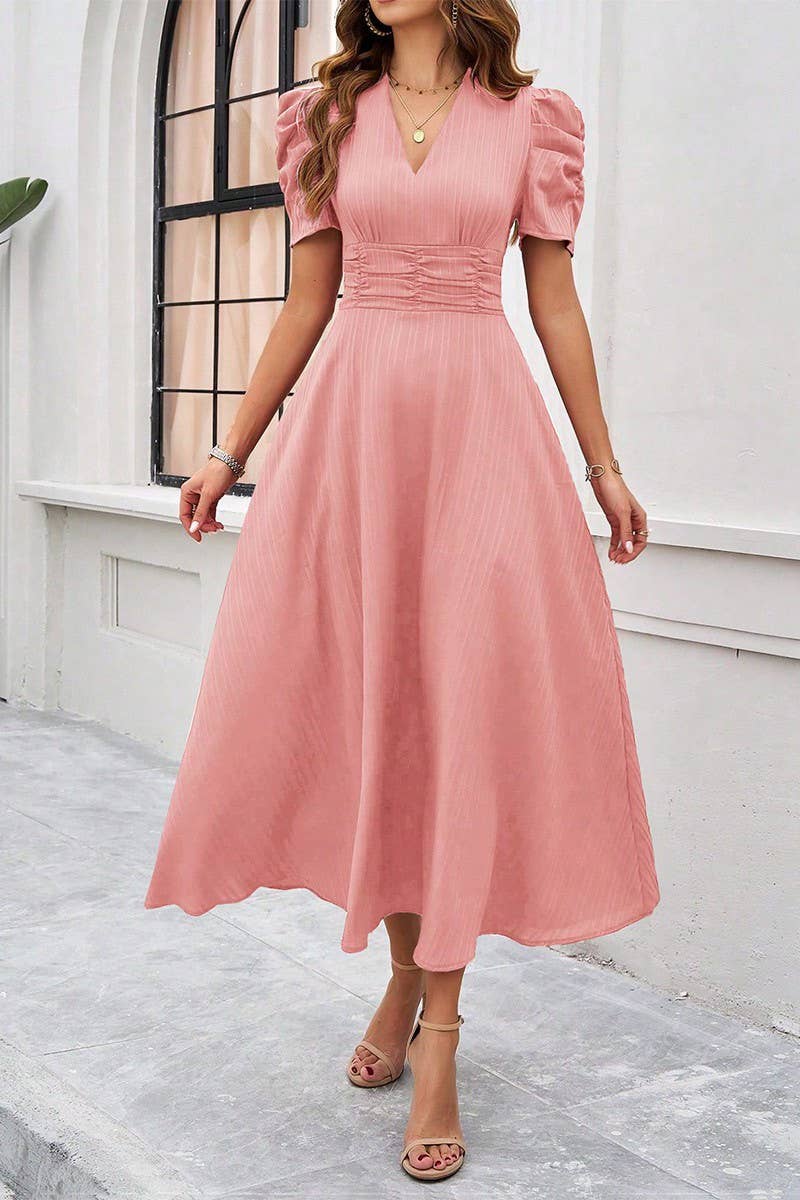 CWDMD6446_TEMPERAMENT HIGH WAIST SOLID COLOR WAIST DRESS
