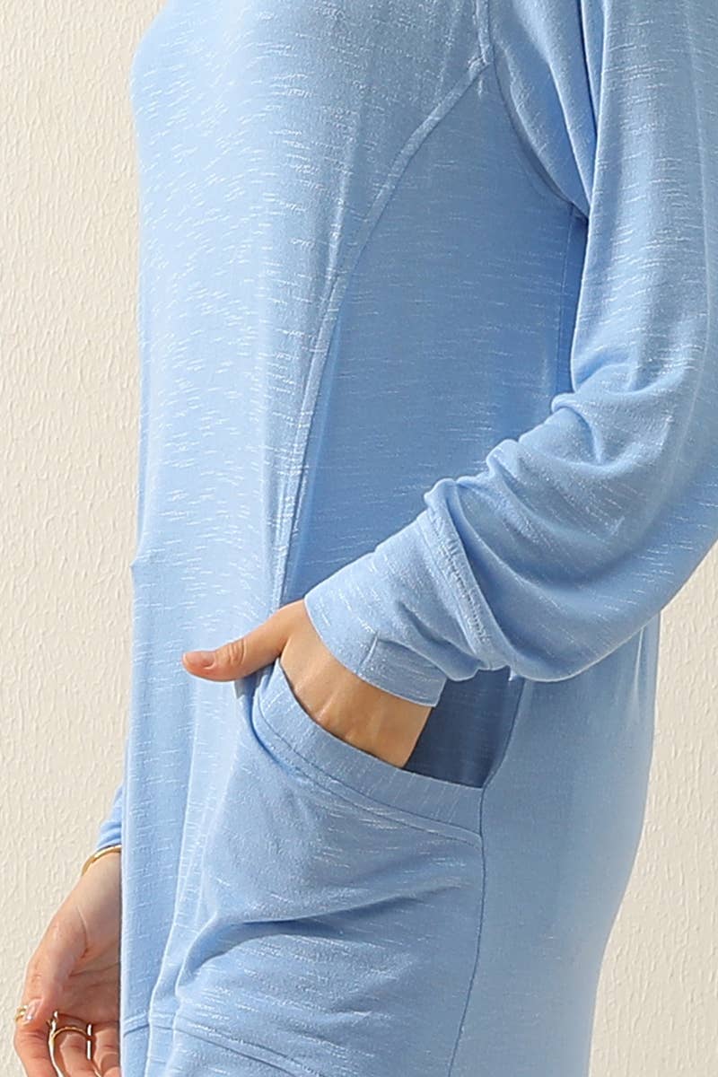 Cwttl1491_R Neck Long Sleeve Slub Long Knit Top With Pockets