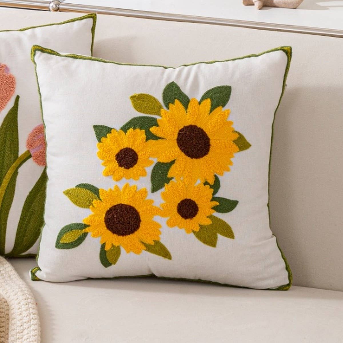 Pink Tulip Embroidered Sofa Pillow Cover_CWMM7706