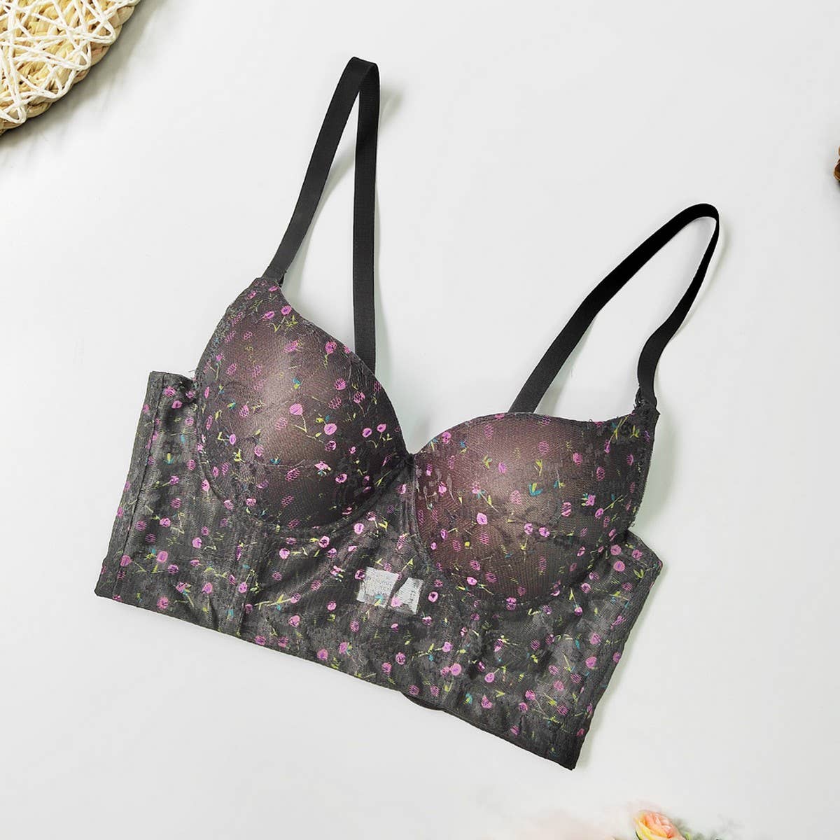 SEXY HERRINGBONE BRA WITH LACE FLORAL PATTERN