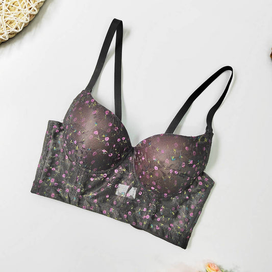 SEXY HERRINGBONE BRA WITH LACE FLORAL PATTERN
