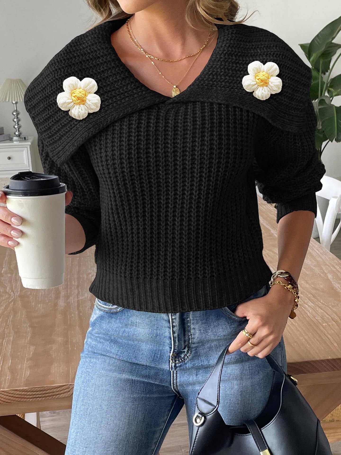 LARGE LAPEL HAND-CROCHETED PATCHWORK SWEATER