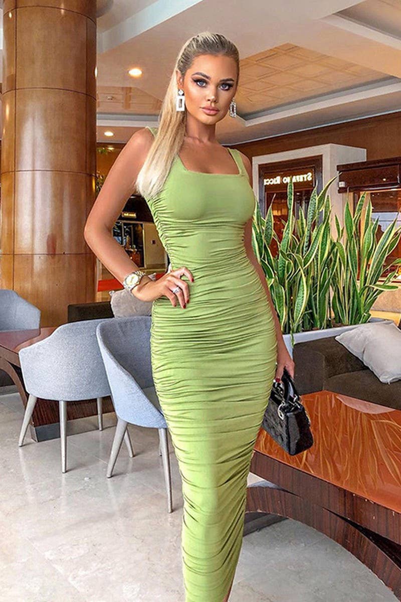 CWDMD4908_BODYCON HALTERNECK SLEEVELESS SHIRRED DRESS