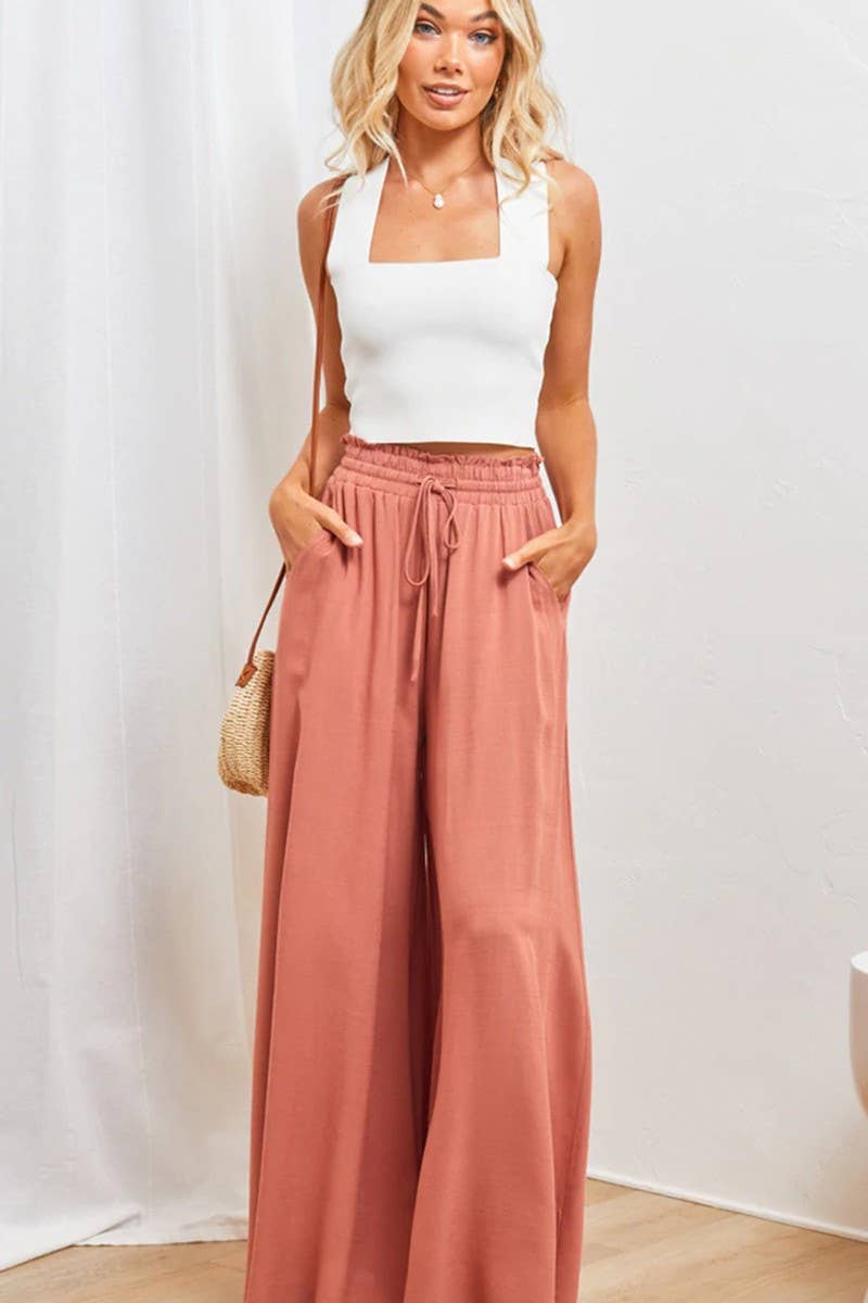 CWBLP0705_SOLID COLOR ELASTIC WAIST TIE WIDE LEG PANTS