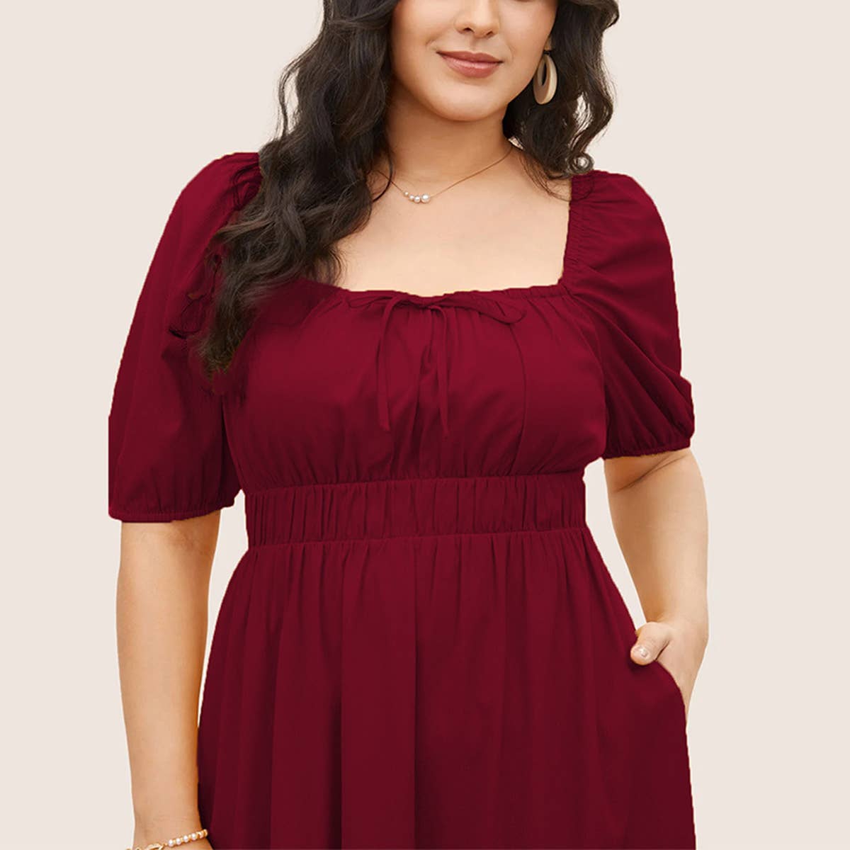 Summer Puff Sleeve Midi Dress with Pockets_CWDMD6037