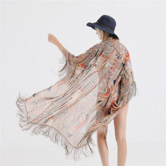 SUMMER TASSEL FLORAL PRINT OPEN FRONT KIMONO