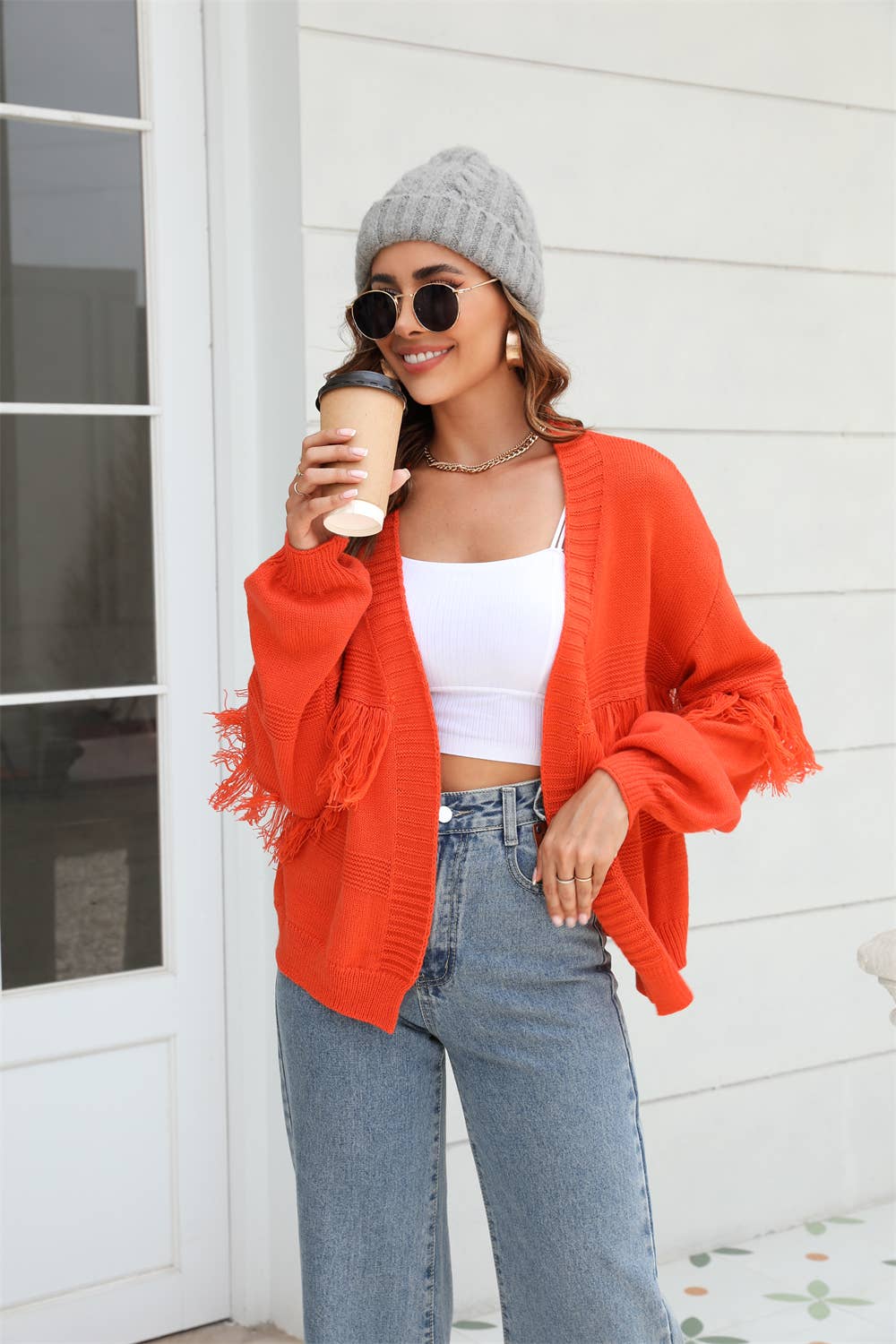 KNIT CARDIGAN FRINGE SWEATER CARDIGAN FOR WOMEN