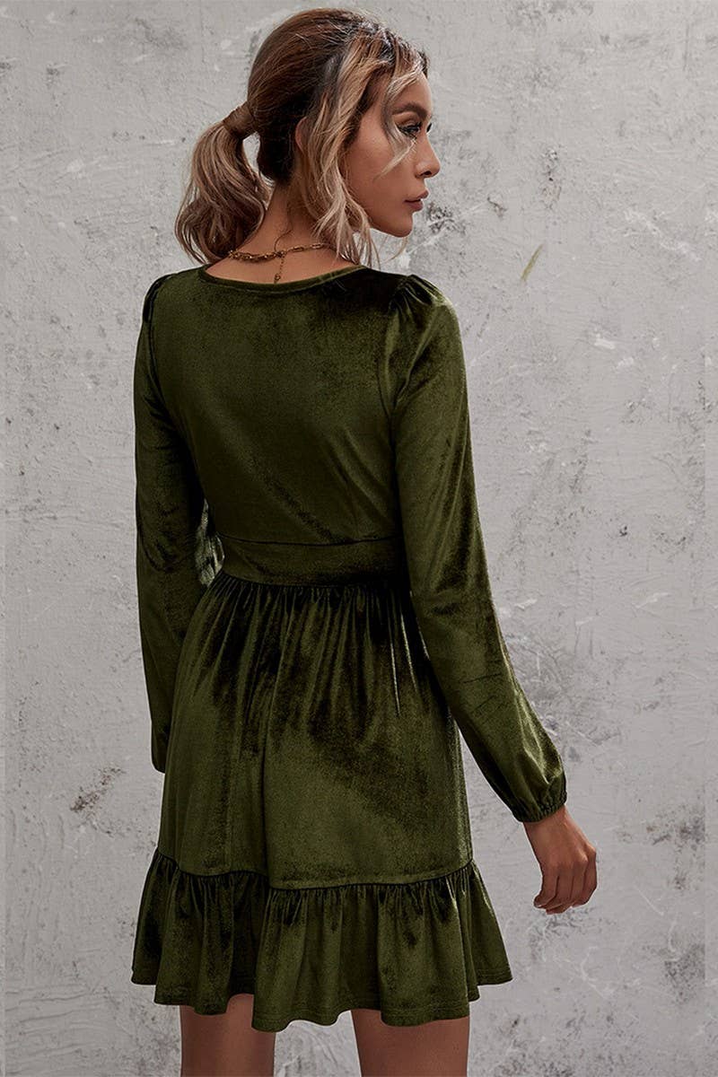 CWDSD6474_DEEP V NECK PUFF SLEEVE VELVET RUFFLE DRESS