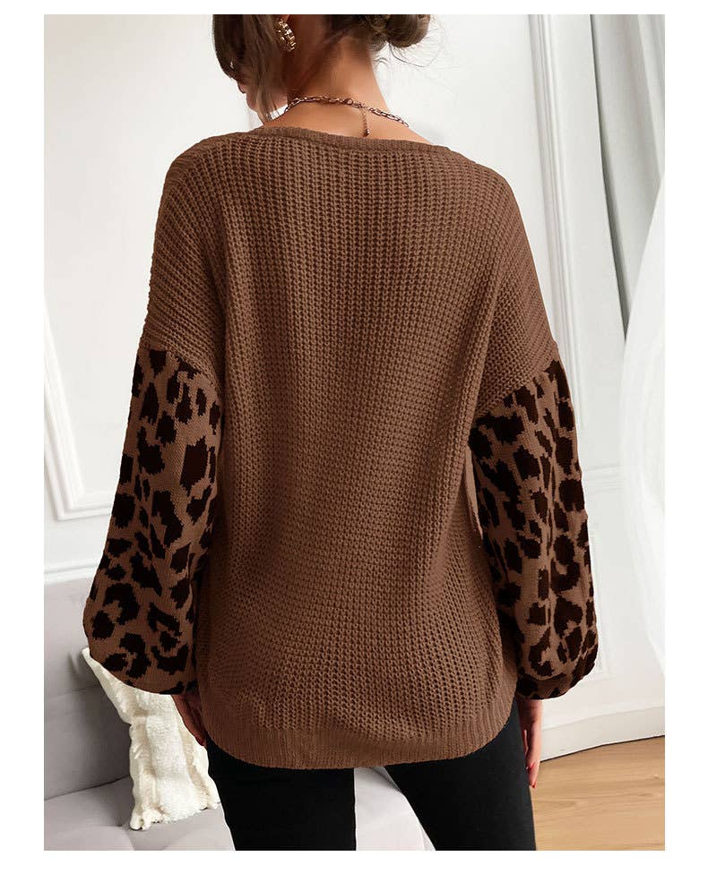V-NECK KNIT LEOPARD PRINT PATCHWORK SWEATER