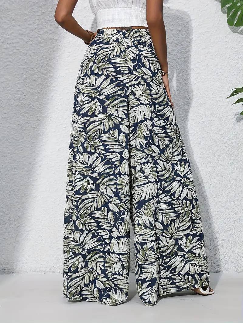 Plant-printed high-waisted wide-leg trousers
