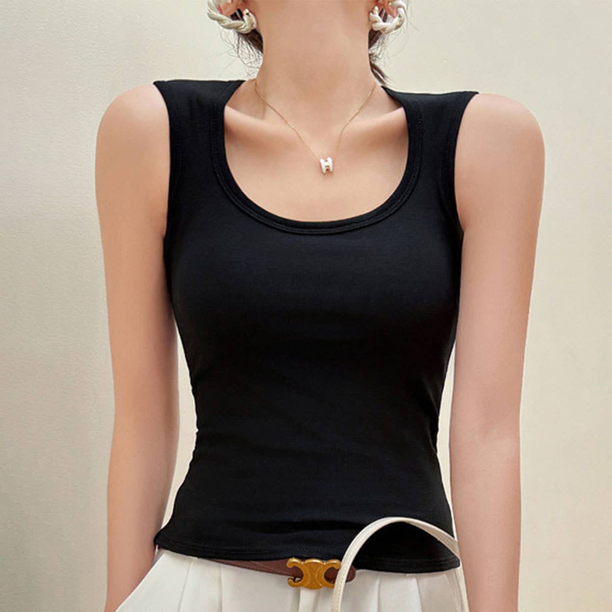 Basic Cotton Camisole Tank Tops With Built In Bra_CWTTK0795