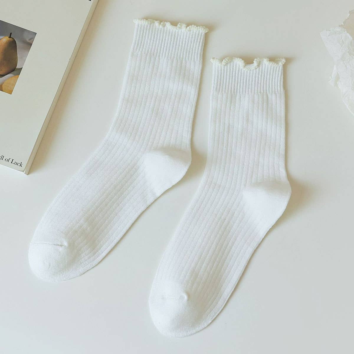 Ruffle Solid Crew Socks for Womens