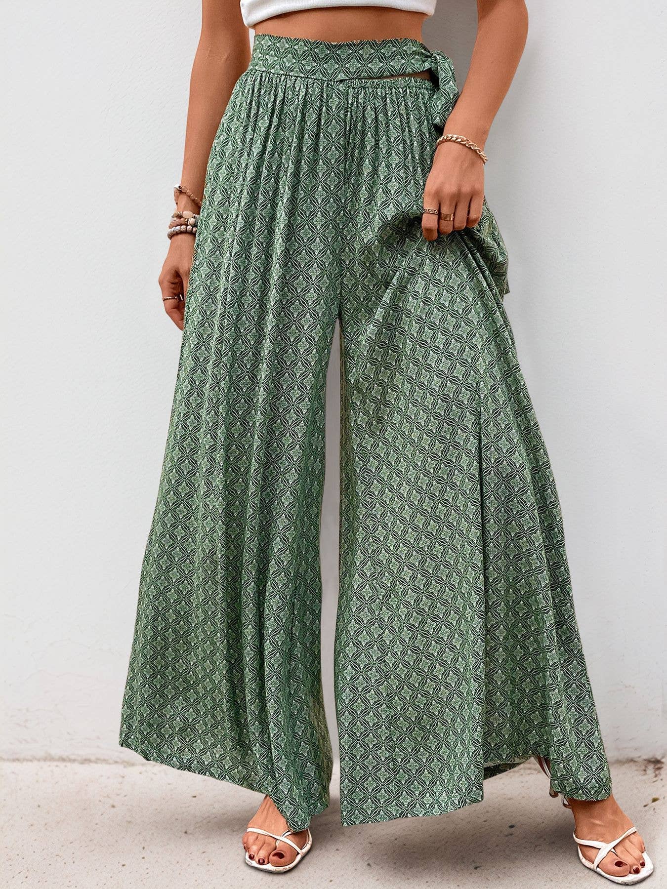 Lace-up high-waisted casual wide-leg trousers