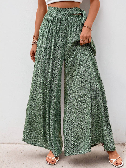 Lace-up high-waisted casual wide-leg trousers
