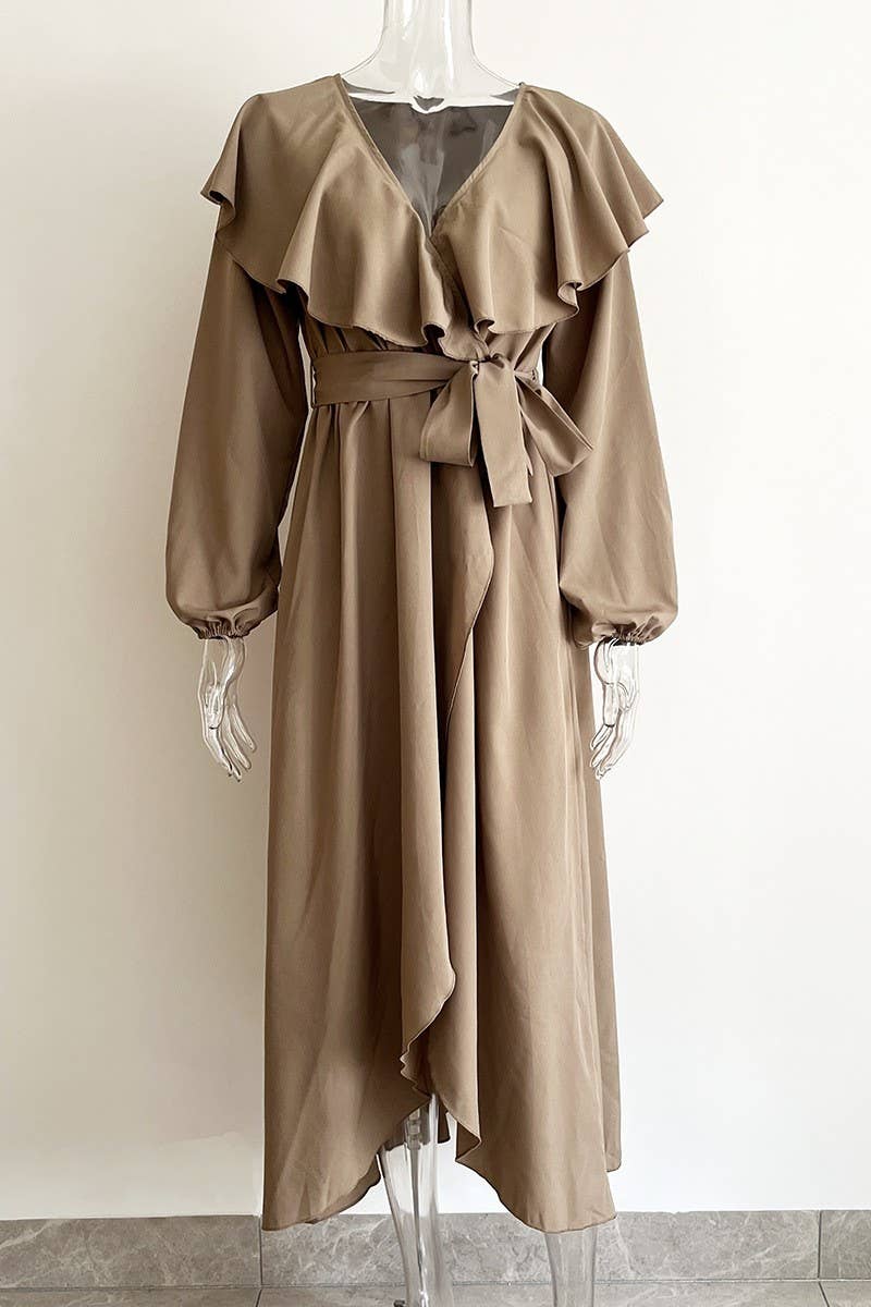 CWDMD4823_RUFFLED V-NECK LONG-SLEEVED SWING DRESS