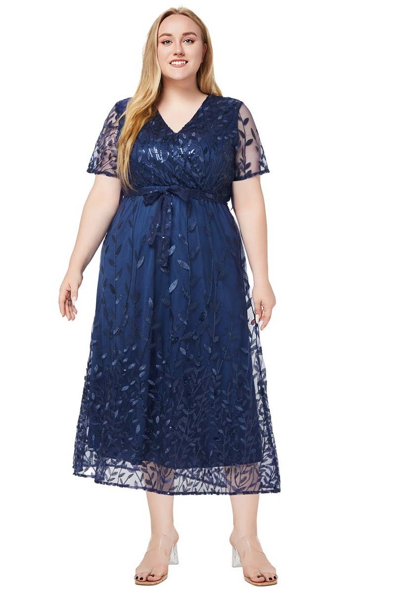 CWDMD3229_PLUS SIZE V-NECK SEQUINED BRIDESMAID DRESS