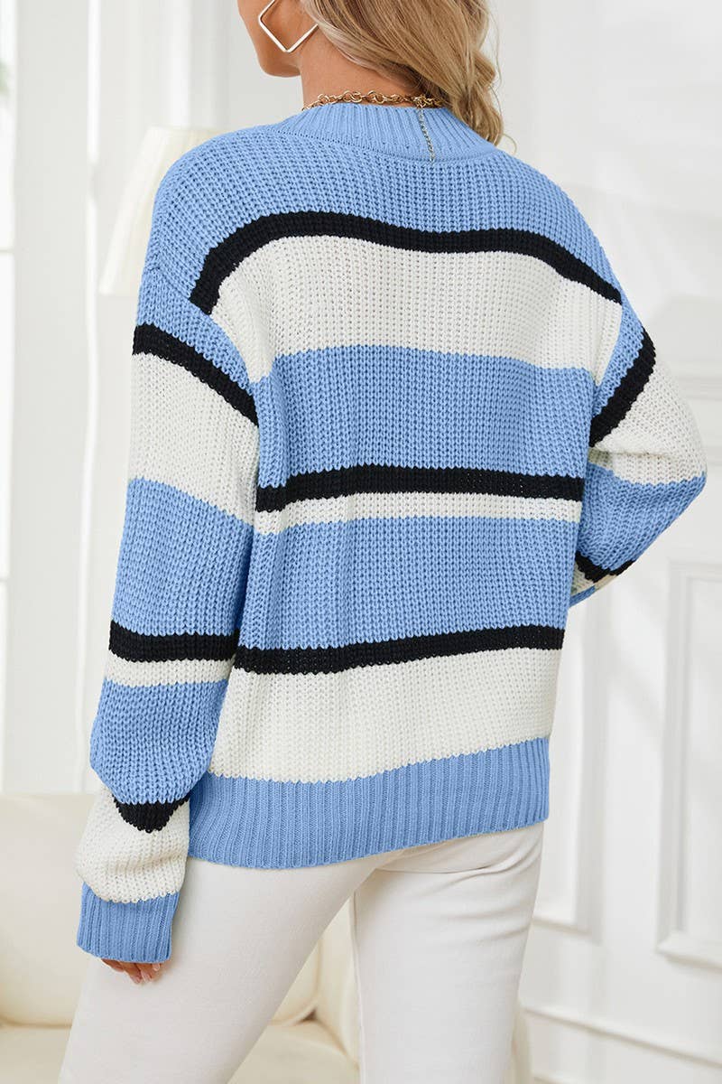 CWOSWL07631_CASUAL STRIPED V NECK LOOSE KNIT SWEATER