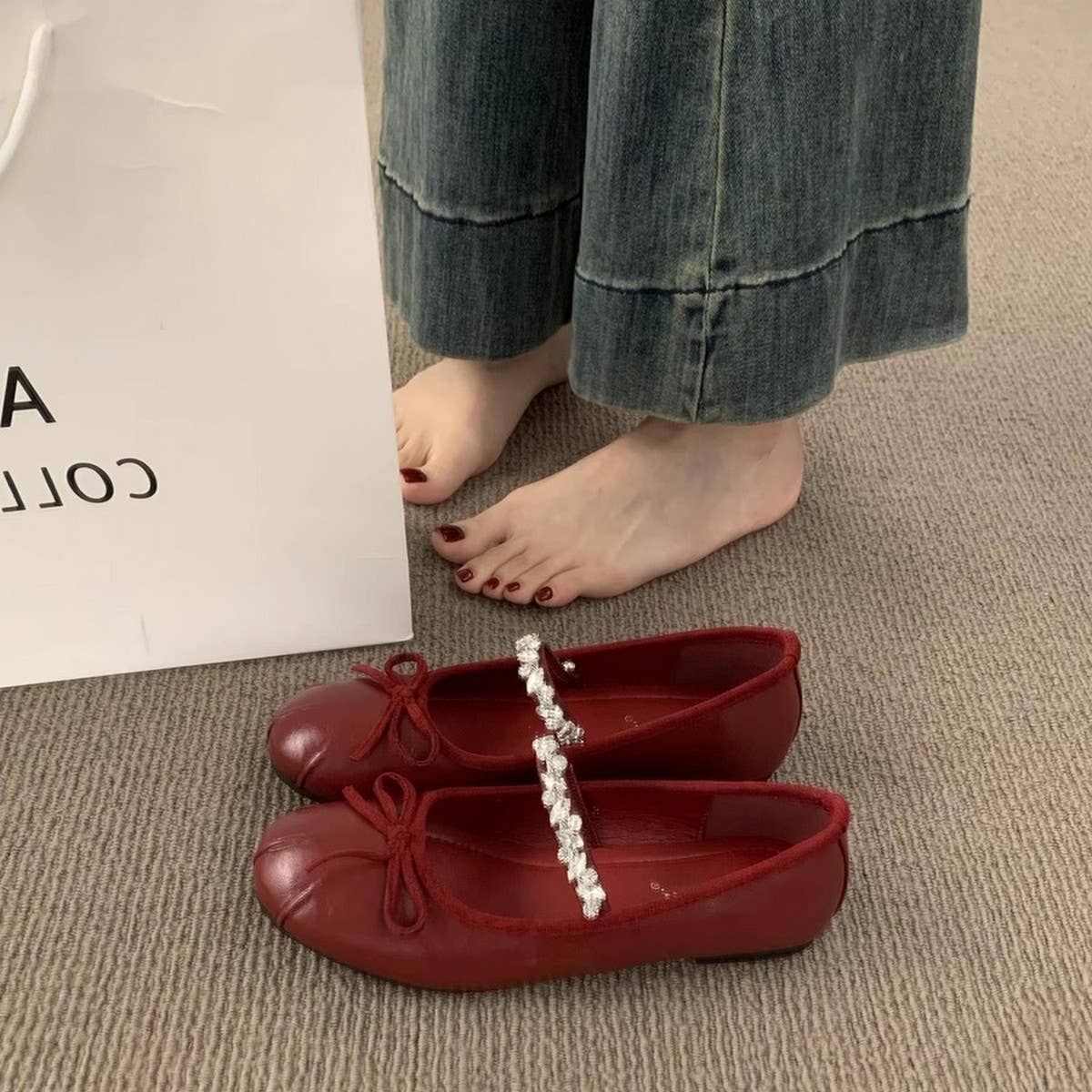 Rhinestone Strap Flat Mary Jane Bow Ballet Flats