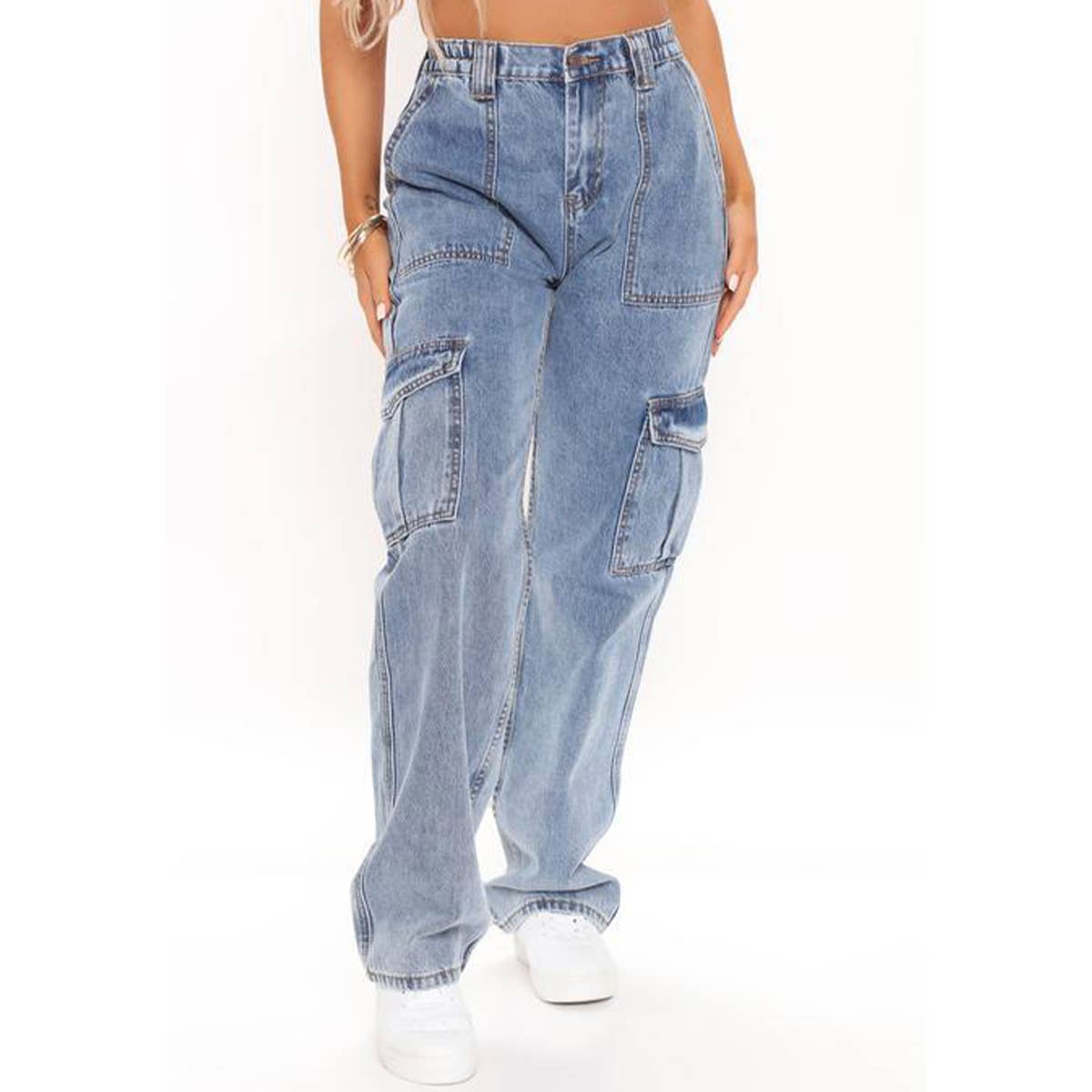 HIGH-WAISTED ELASTIC-WAISTBAND BAGGY CARGO JEANS