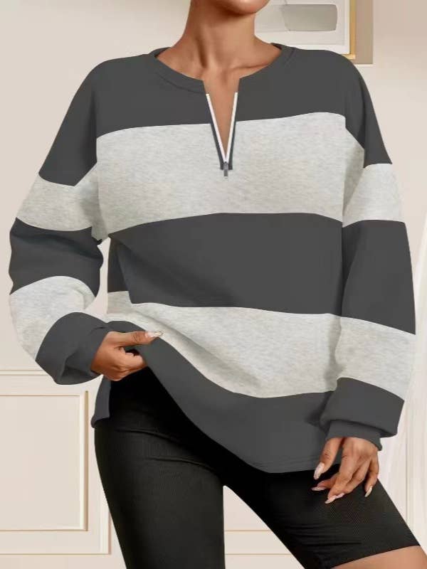 V-NECK ZIP-UP STRIPED LONG-SLEEVED LOOSE T-SHIRT
