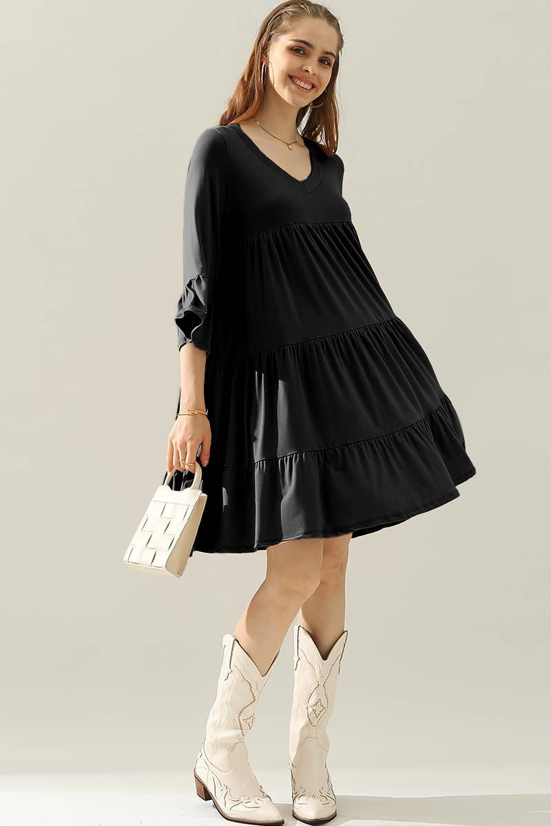 CWDSD10412_V NECK 3 TIERED RUFFLE DRESS WITH RUFFLE SLEEVE