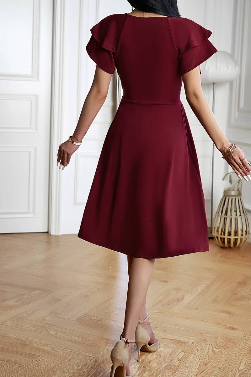 CWDMD5869_SOLID ELEGANT V-NECK SHORT SLEEVE MIDI DRESS