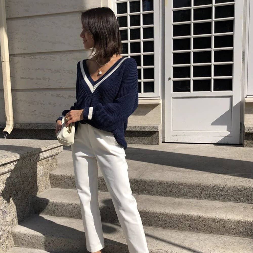 Fashion color-blocking patchwork knitted sweater