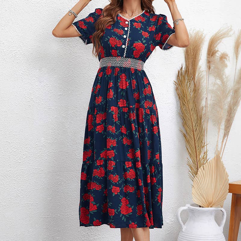 FASHION PRINT SHORT SLEEVE SLIM-FIT LONG DRESS