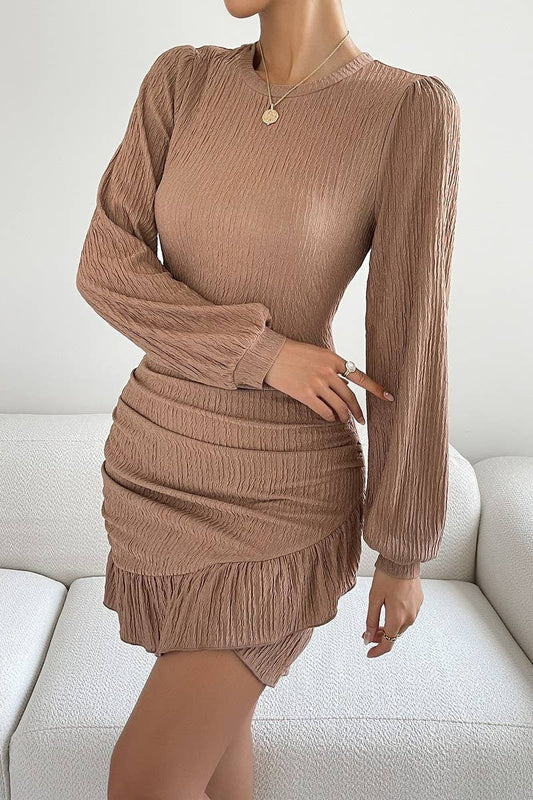 CWDSD6569_LONG-SLEEVED SLIM-FIT RUFFLE KNITTED DRESS