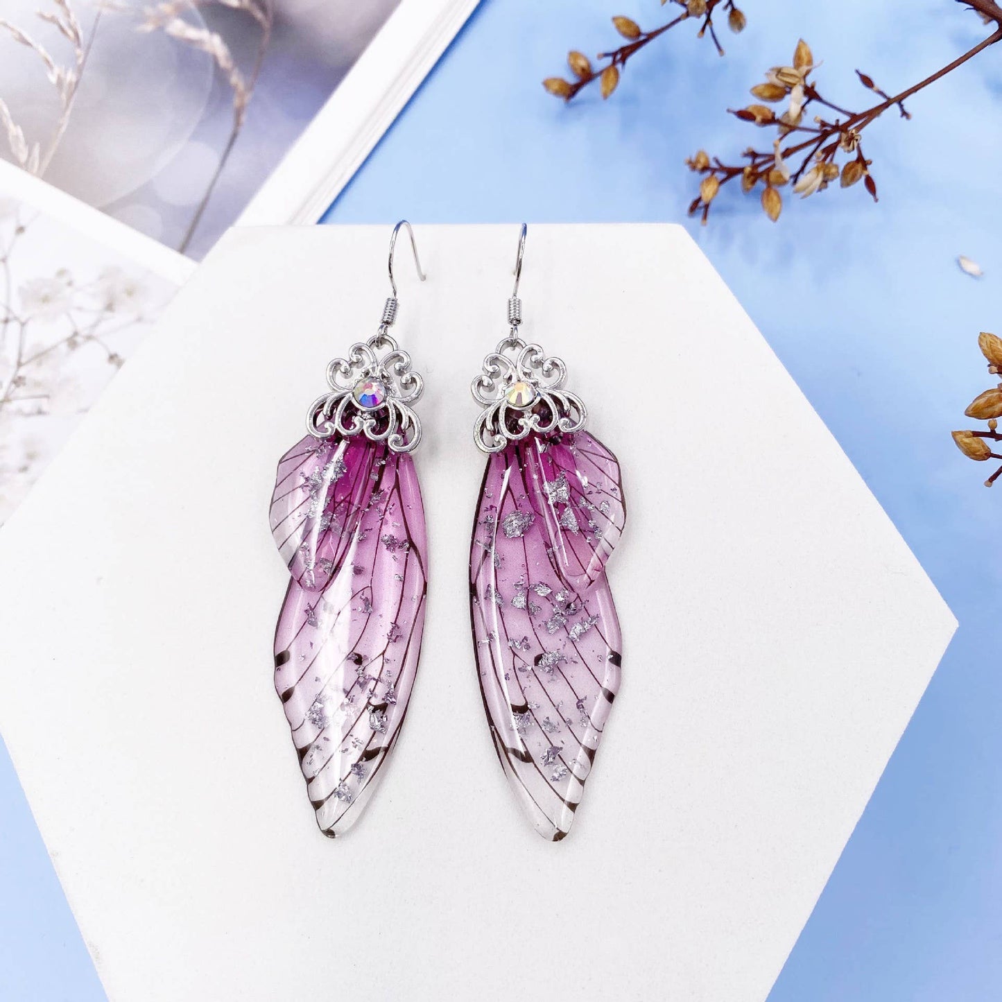 Elegant long earrings with cicada wing wings