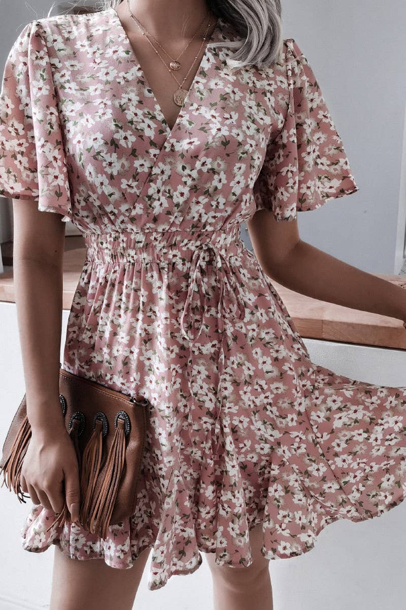 SHORT SLEEVE V NECK FLORAL RUFFLE DRESS_CWDSD2501