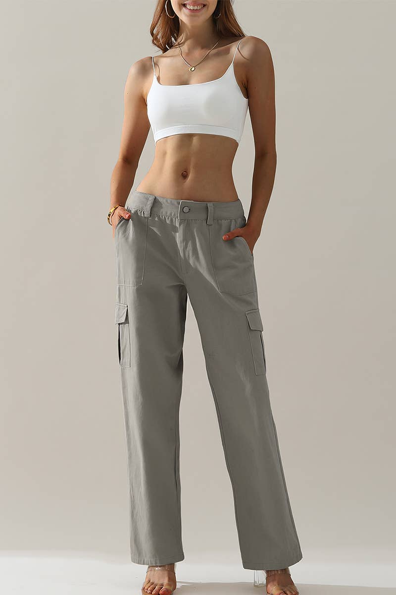 CWBLP421_Cargo Cotton Pants Wide Leg Casual Pants 4 Pockets