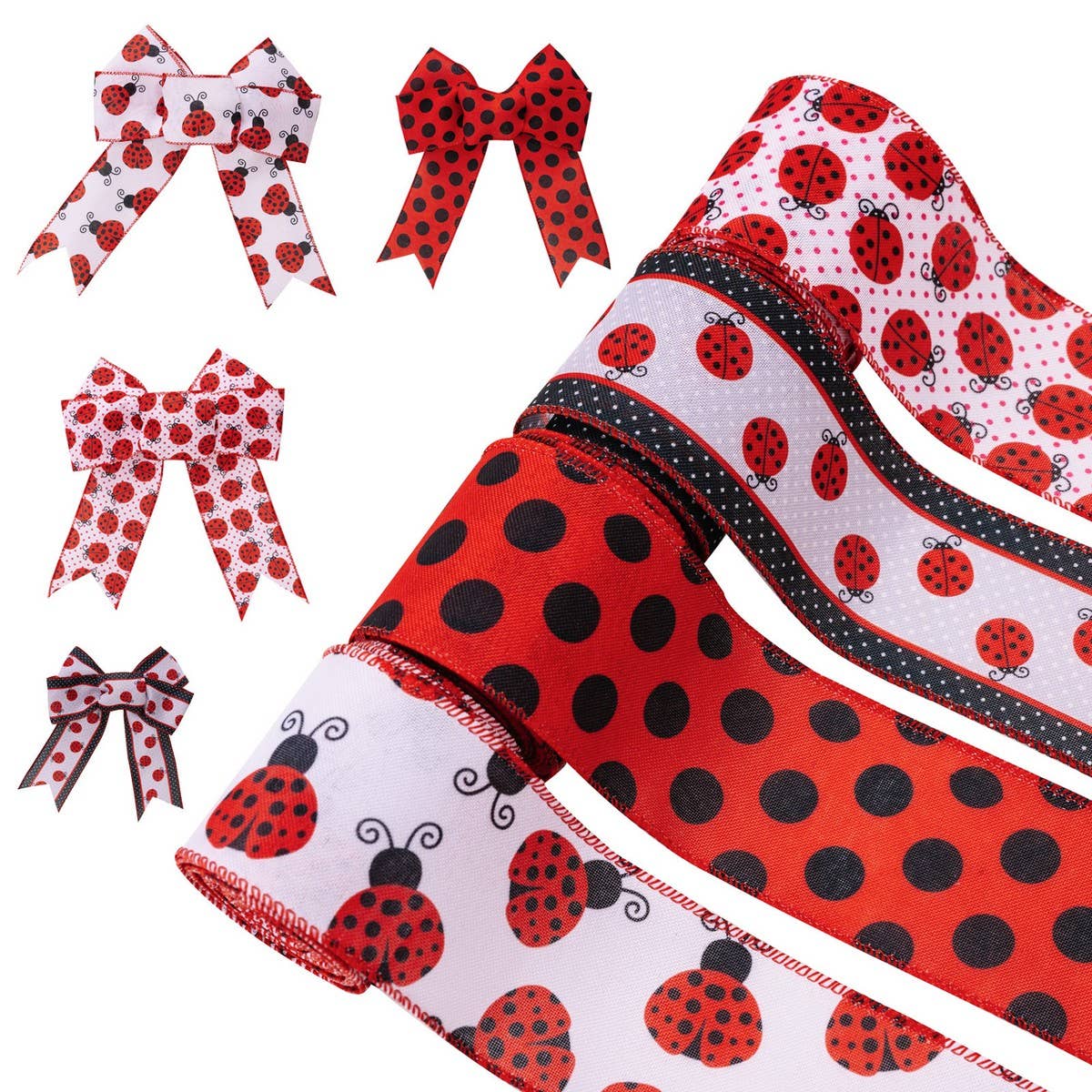 CWMM10222_LADYBUG RIBBON SET 4 ROLLS RED POLKA DOT WIRED BOW