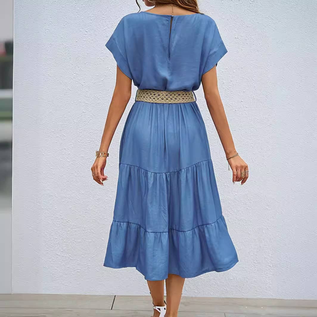 SOLID SIMPLE ROUND NECK SHORT SLEEVE LONG DRESS
