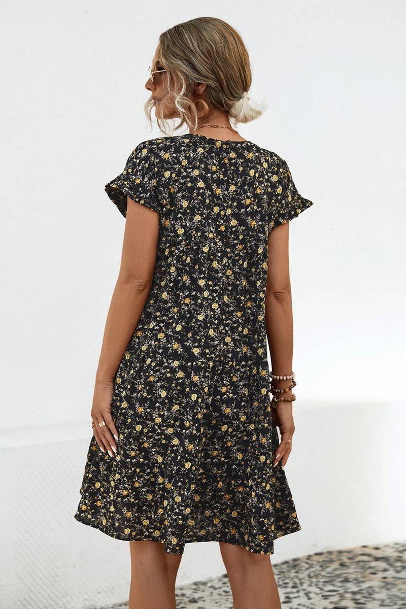 CWDSD4946_ROUND NECK FLORAL RUFFLE SLEEVE DRESS