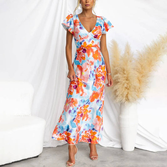 Sweet V-neck long dress with lotus sleeves