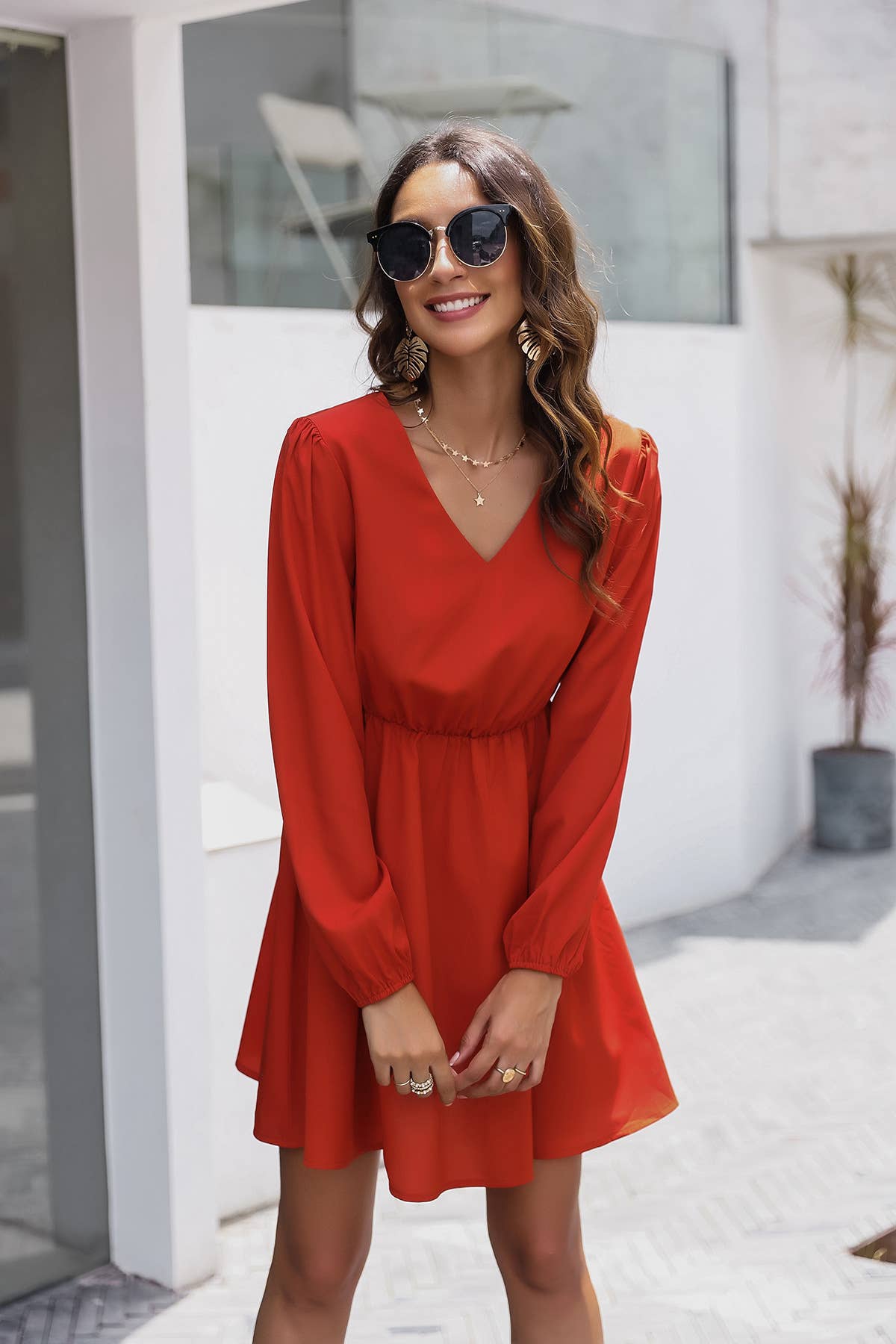 LONG-SLEEVED CASUAL V-NECK WAIST DRESS