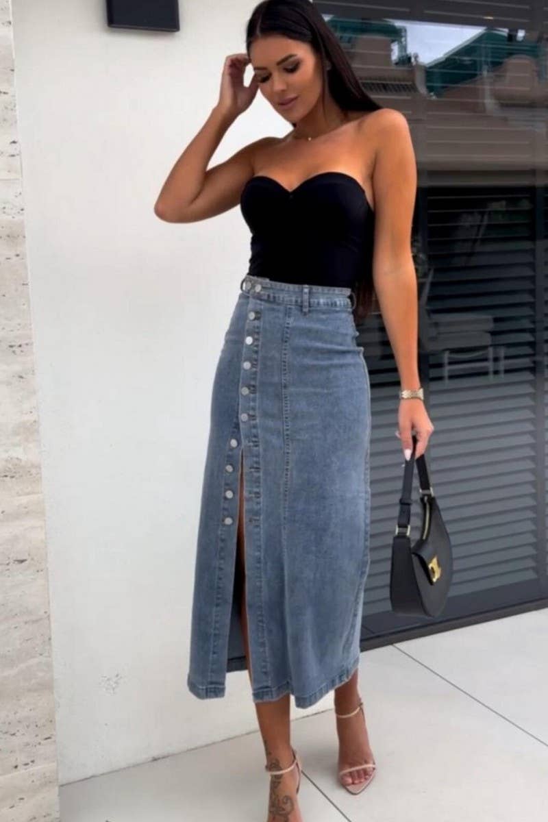 CWBMS0450_HIGH WAIST BUTTON SPLIT BODYCON DENIM SKIRT