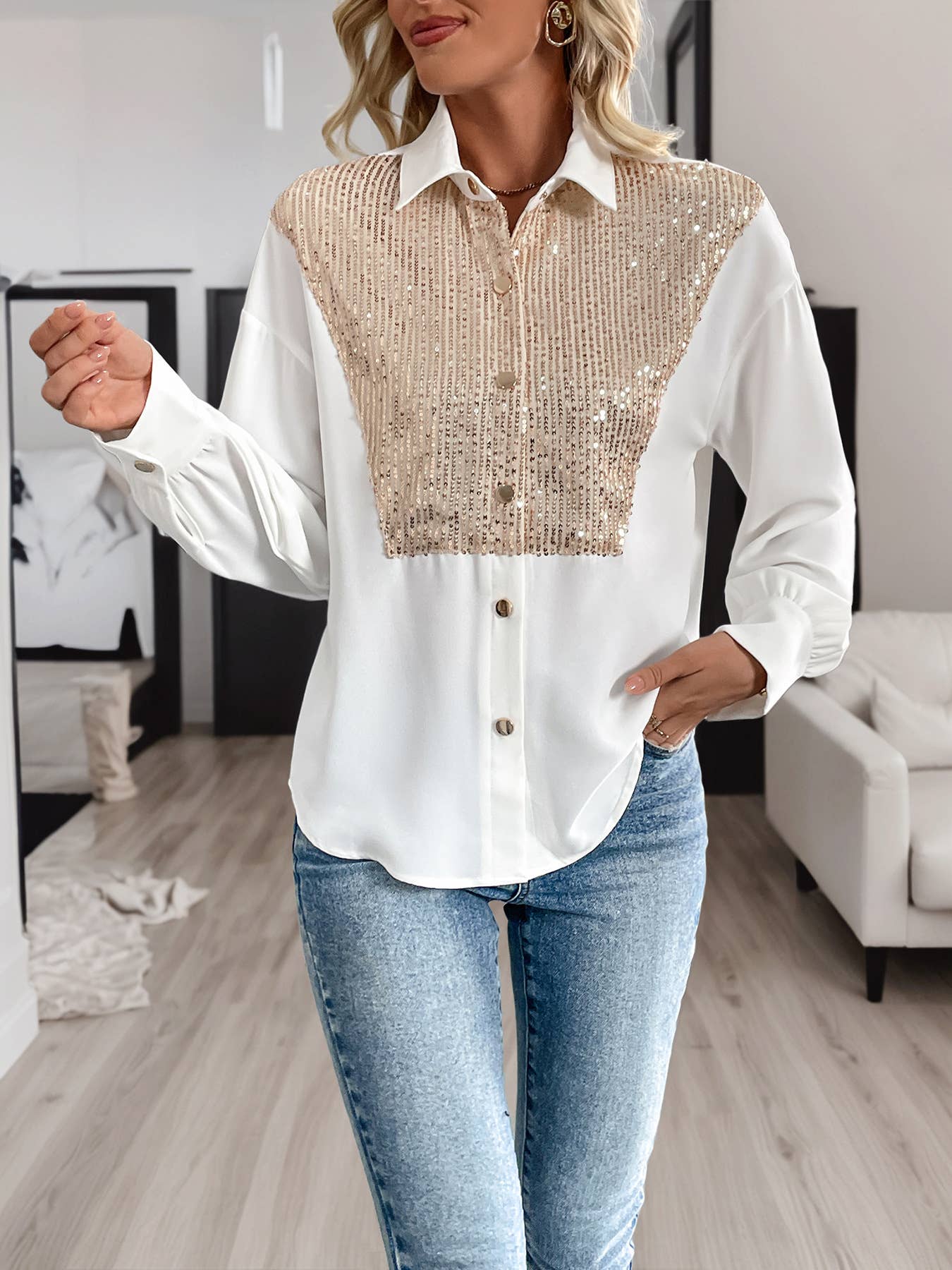 Sequined decorated long-sleeved fashion shirt