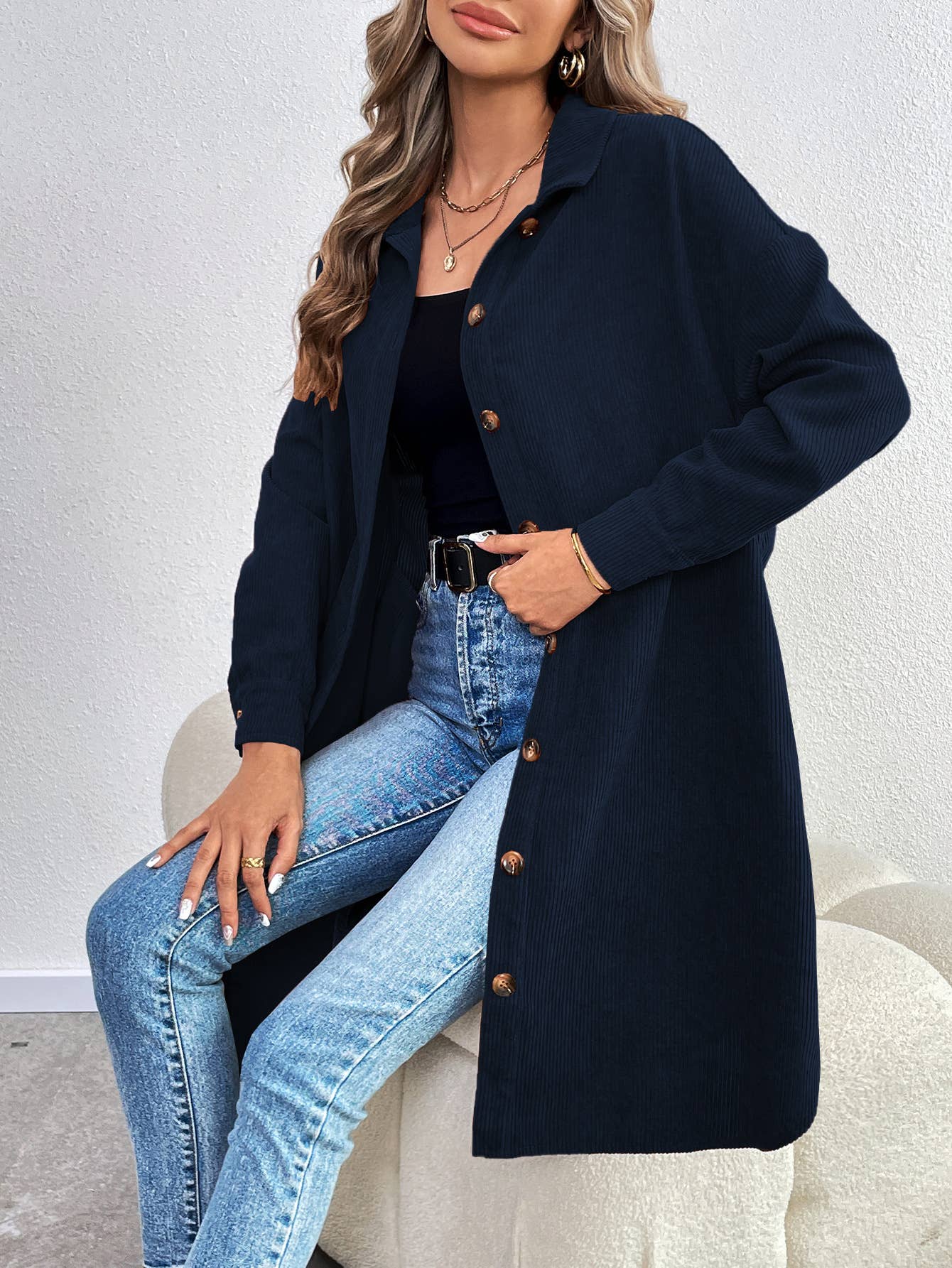 LONG SLEEVE SINGLE BREASTED CORDUROY LONG CARDIGAN