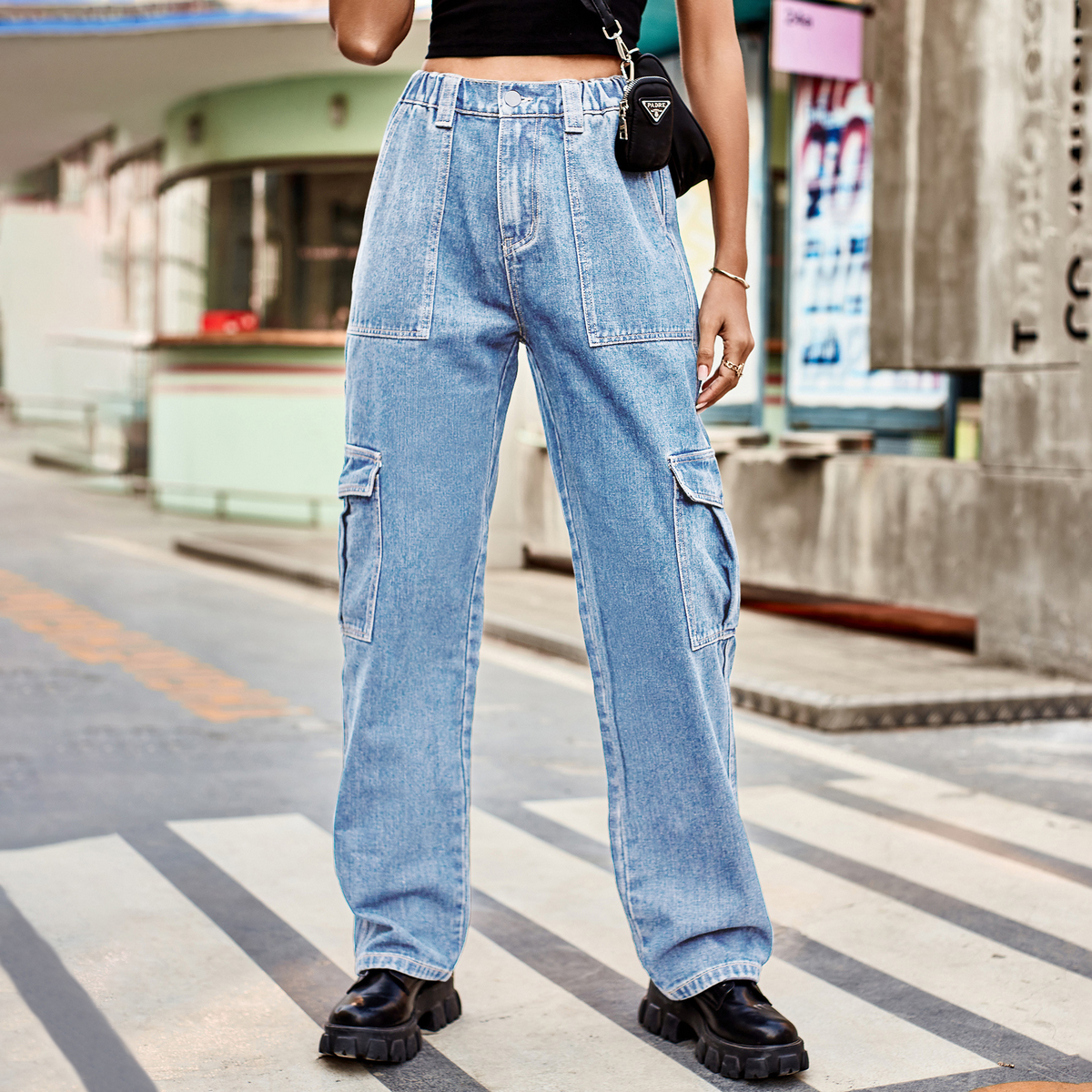 Casual Cargo Jeans ??Washed Half Elastic Waist_CWJP0626