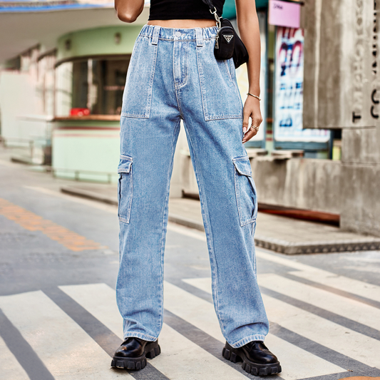 Casual Cargo Jeans ??Washed Half Elastic Waist_CWJP0626