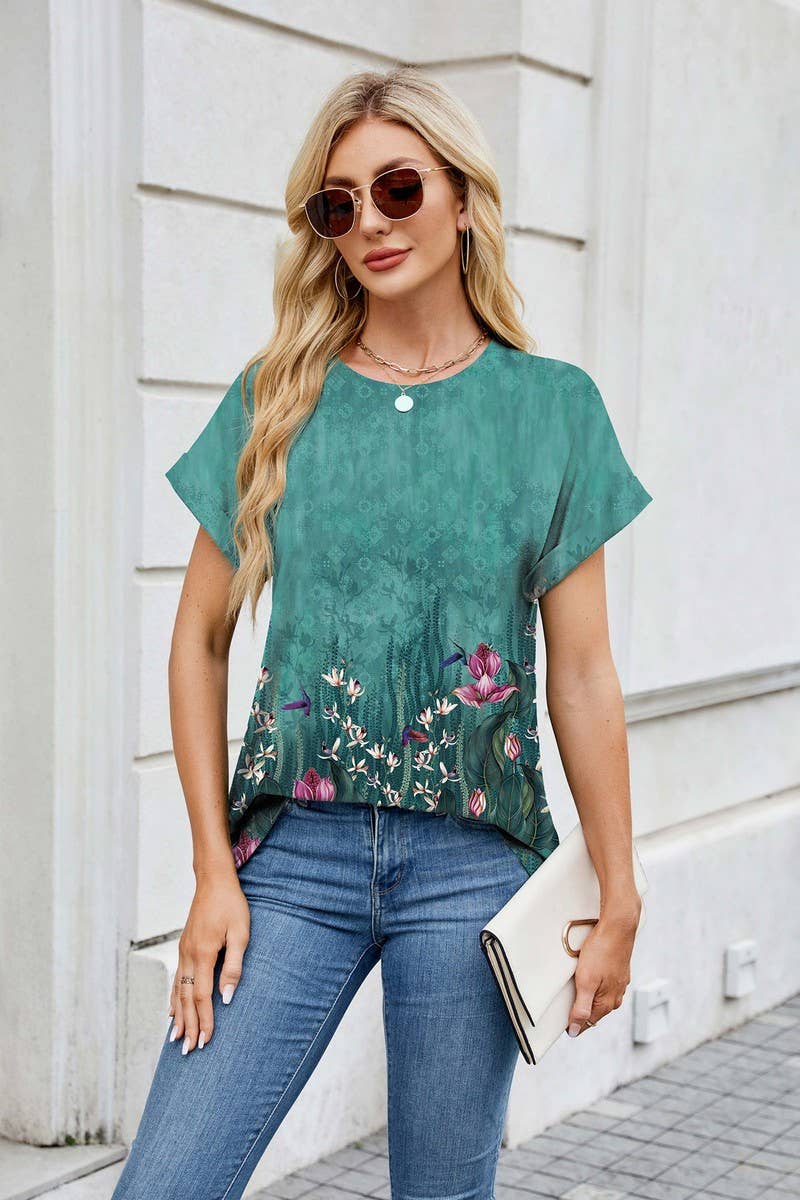 Cwtbls1742_Printed Crew Neck Loose Short Sleeve T-Shirt Top