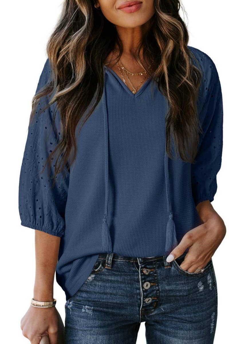 CWOHOS0021_SUMMER DRAWSTRING HOLLOW V-NECK SLEEVE T-SHIRT